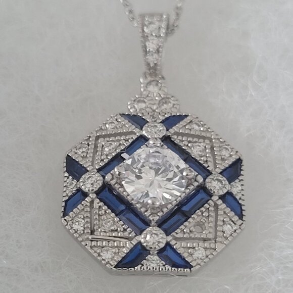 NWT-Silver Sapphire CZ Necklace-Silver 16" Chain Beautiful Piece! -Read Descript - Picture 2 of 9